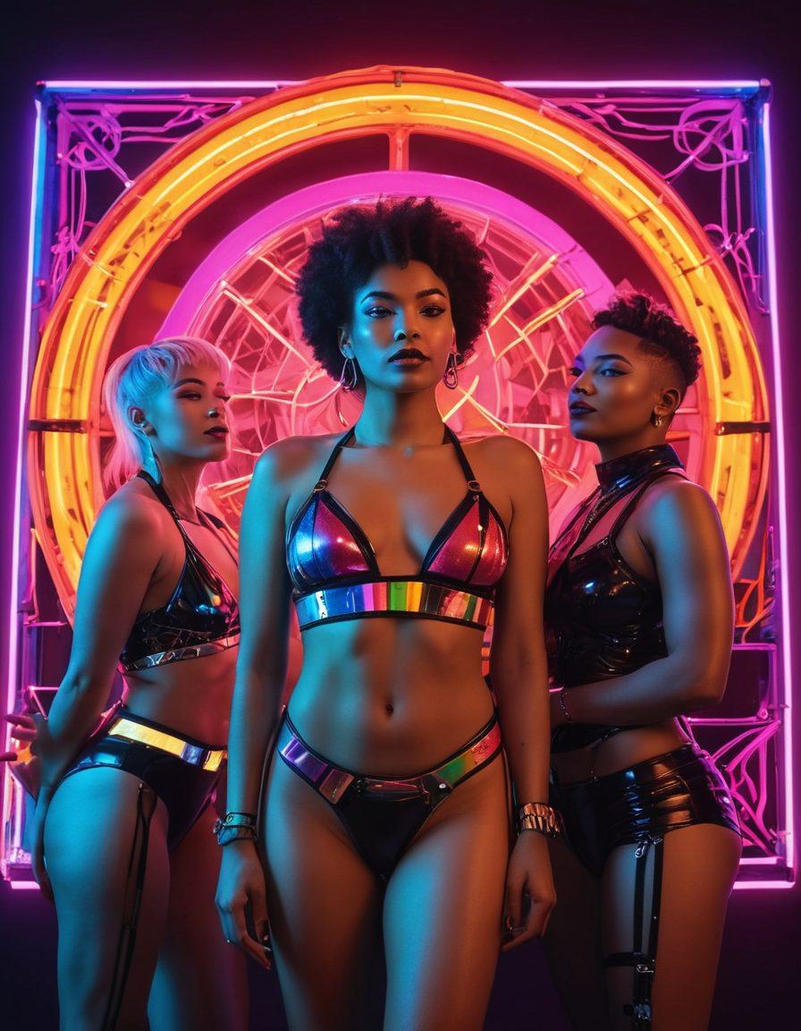 A dynamic collage featuring diverse individuals of various sexual orientations engaging with adult entertainment in a vibrant and playful atmosphere. Incorporate elements like colorful neon lights, a film reel, and inclusive symbols representing LGBTQ+ identities, all intertwined with artistic representations of joy and freedom. The backdrop should reflect a lively nightlife scene, signifying the cultural exploration of queer sexuality. cyberpunk. vibrant colors. 3D.