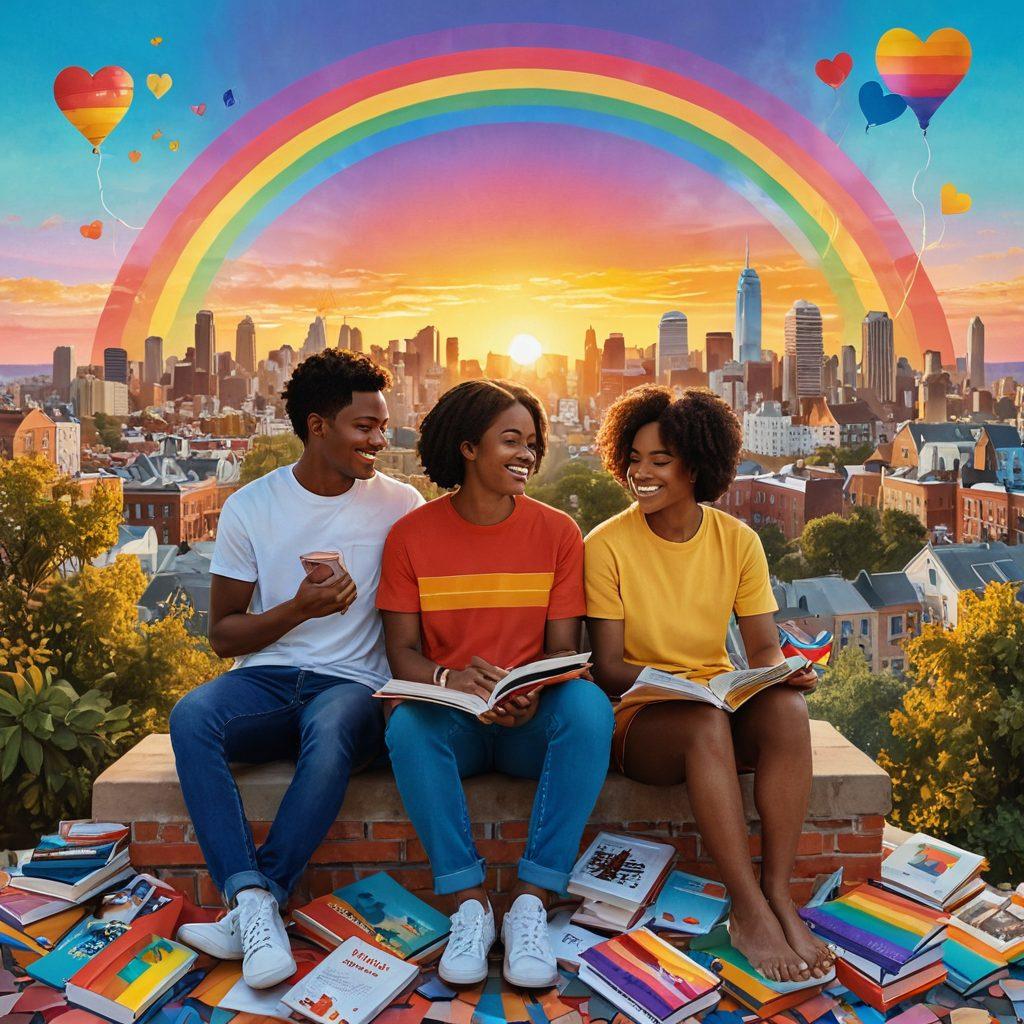 A colorful collage depicting diverse individuals exploring their sexual identity, surrounded by iconic symbols of LGBTQ+ culture like rainbow flags, heart symbols, and books. The background features a dreamy cityscape at sunset, symbolizing hope and acceptance. Characters should showcase a range of emotional expressions, from joy to contemplation, emphasizing the journey of self-discovery. Illustration style: vibrant colors. digital art. inclusive representation.