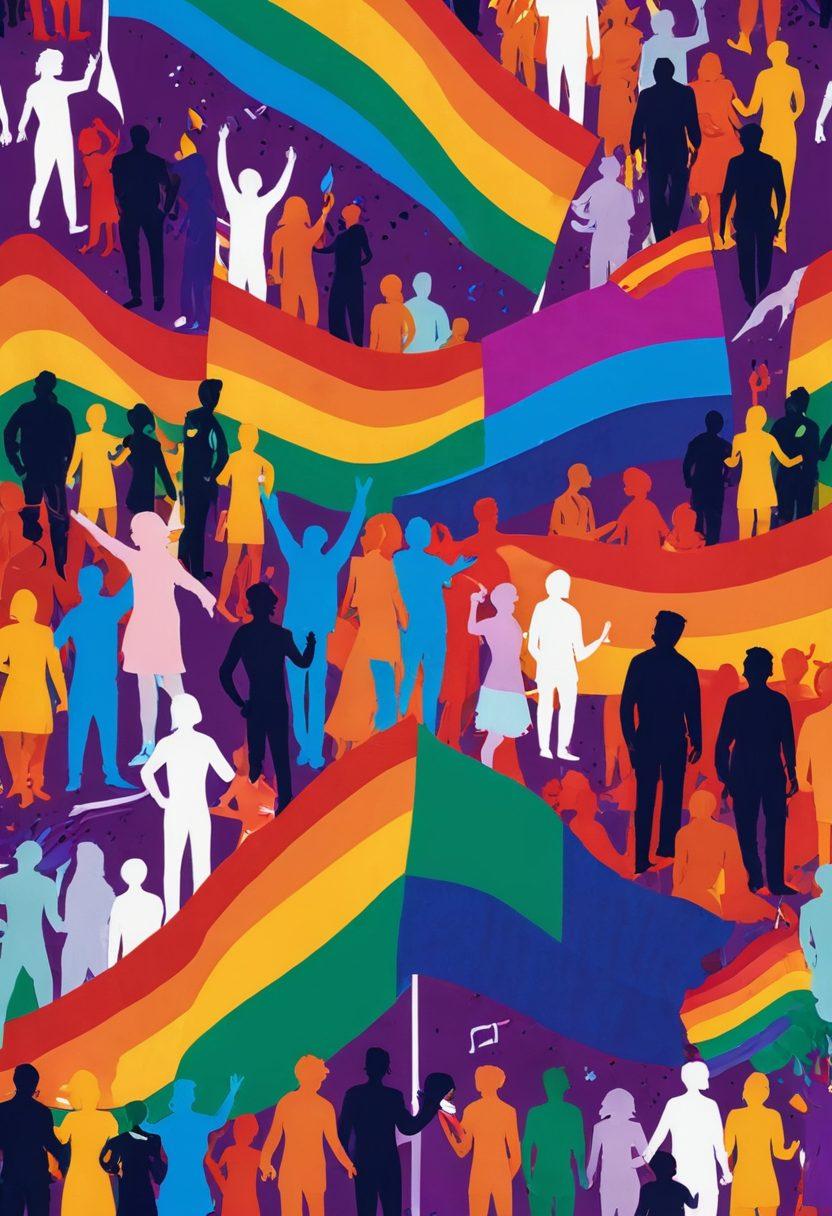 An abstract representation of a vibrant LGBTQ+ flag merging with digital icons of gay adult content, surrounded by silhouettes of diverse individuals engaging in various forms of expression and connection. The background symbolizes a colorful cityscape, enhancing the theme of exploration and culture. The image conveys inclusivity, creativity, and depth in the portrayal of queer sexuality. vibrant colors. digital art.
